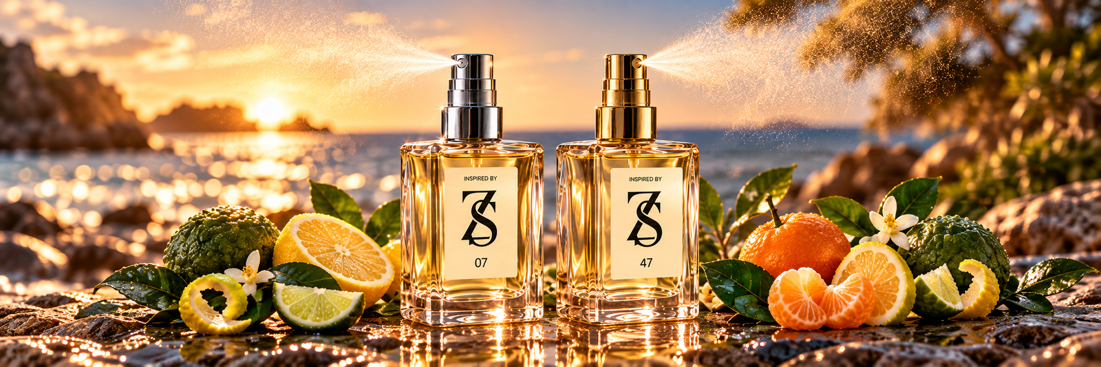 Dois perfumes cítricos ZS ESSENCE, números 07 e 47, com válvulas prateada e dourada, bergamota, limão e mandarina ao pôr do sol