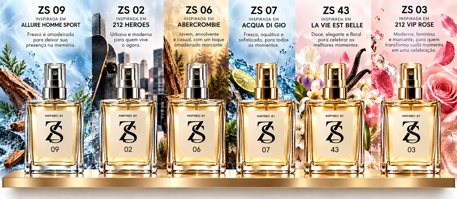 Seis referências ZS ESSENCE: ZS 09 Allure Homme Sport, ZS 02 212 Heroes, ZS 06 Abercrombie, ZS 07 Acqua di Gio, ZS 43 La Vie Est Belle e ZS 03 212 Vip Rose